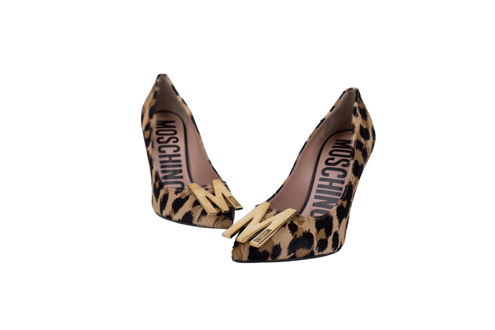 Moschino Brown Leopard-Print Calf Hair Logo Plaque Pump Size 35